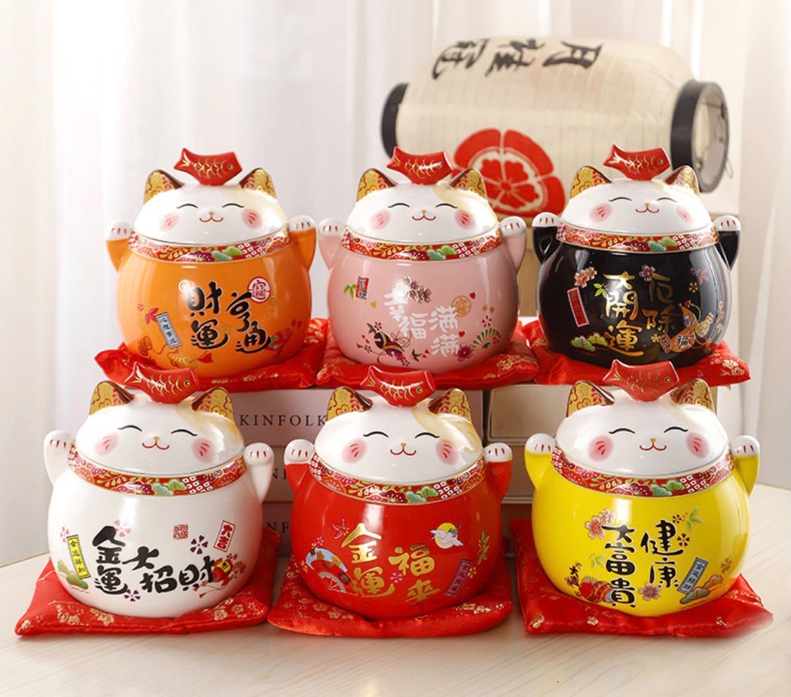 Lucky Happiness Cat Ceramic Tea Canister — Pink